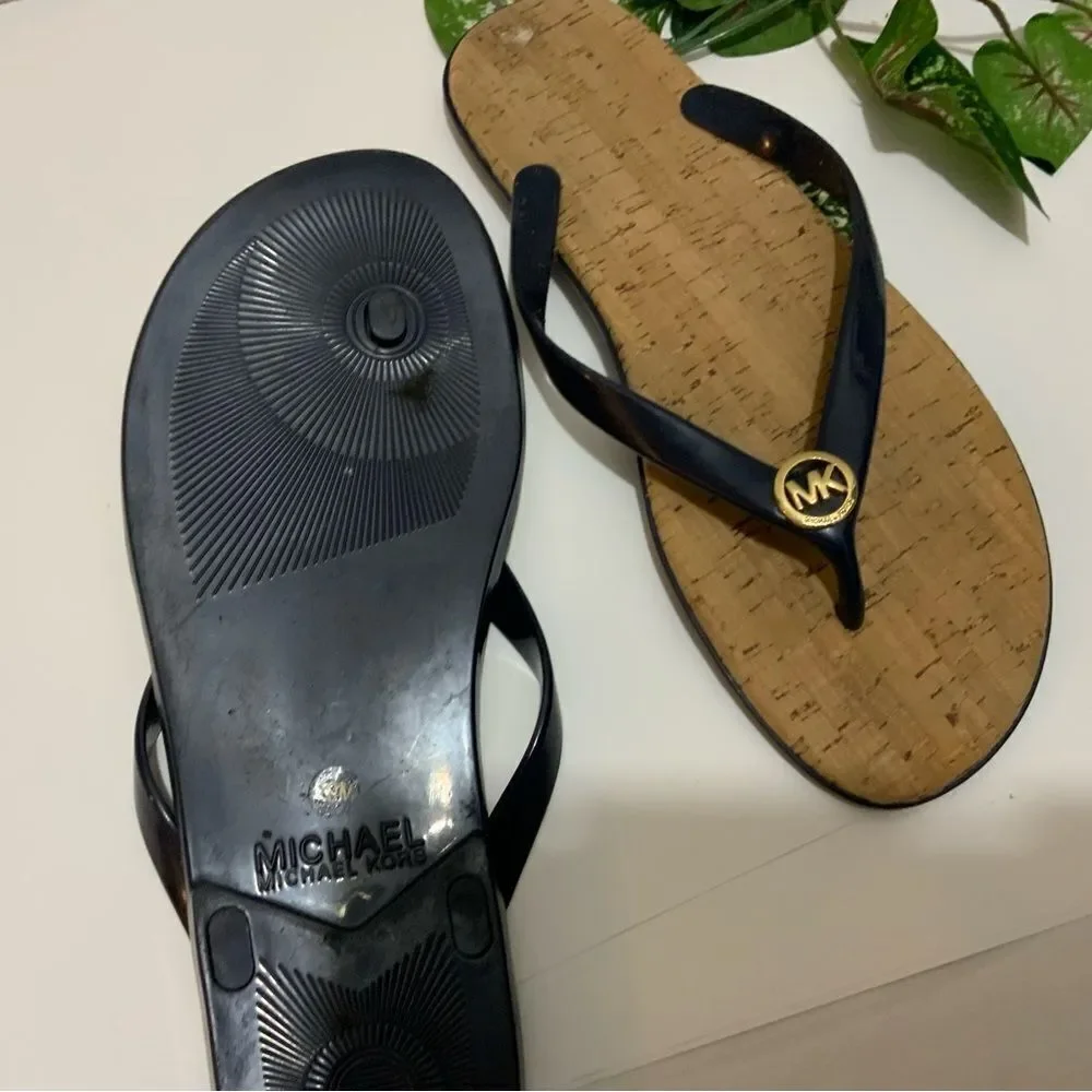 Michael Kors Cork Sandals MK Logo Navy PVC Thong Jet Set Flip Flops Sz. 10